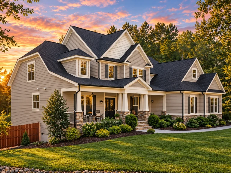 Front exterior of Modern Farmhouse style home with white horizontal siding, black shingle roof, dormers, and covered porch
