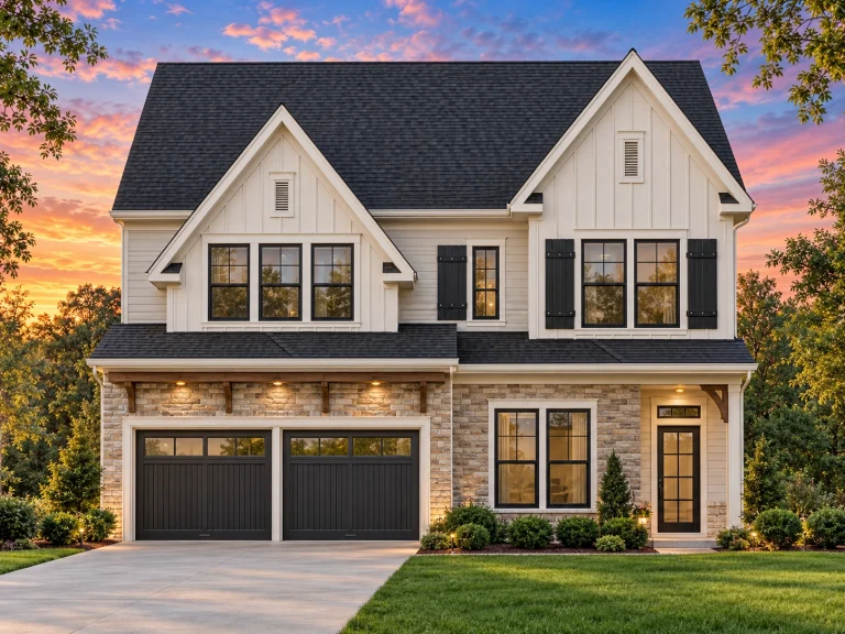 Top Designer-Approved House Plans 15 Front view of a Modern Farmhouse style two-story home featuring board and batten siding, brick accents, gable roofs, and a welcoming front porch entry
