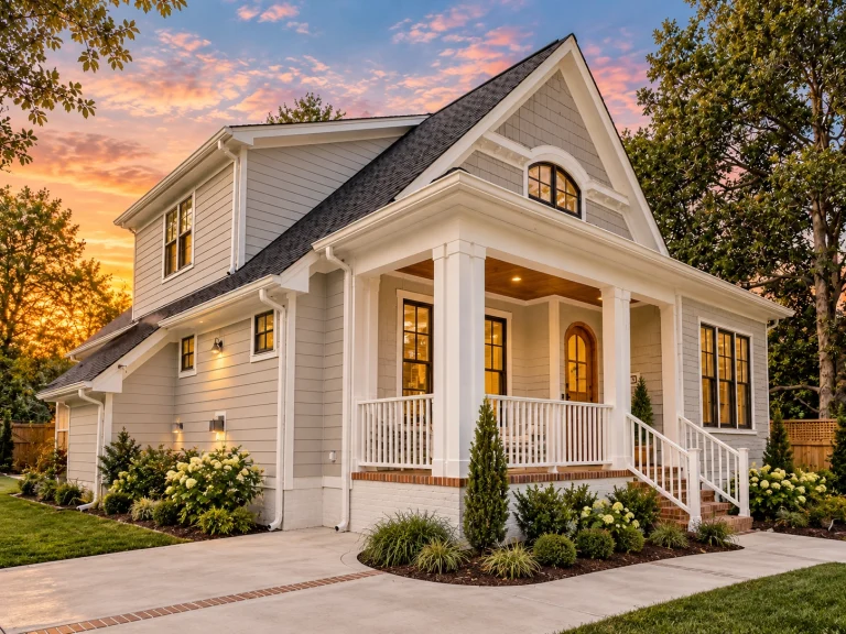 Front elevation of a Traditional Colonial style home with brick exterior, board and batten gable accent, symmetrical windows, and covered entry porch