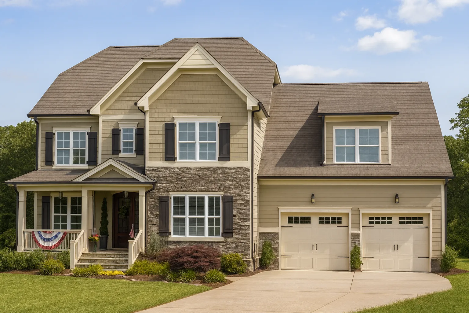 Luxury House Plans 21 Front exterior view of a Traditional Colonial New American style home featuring stone accents, horizontal siding, symmetrical windows, and an attached two-car garage