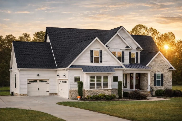 Front elevation of a New American style farmhouse home with board-and-batten siding, stone accents, metal porch roof, and symmetrical gabled design
