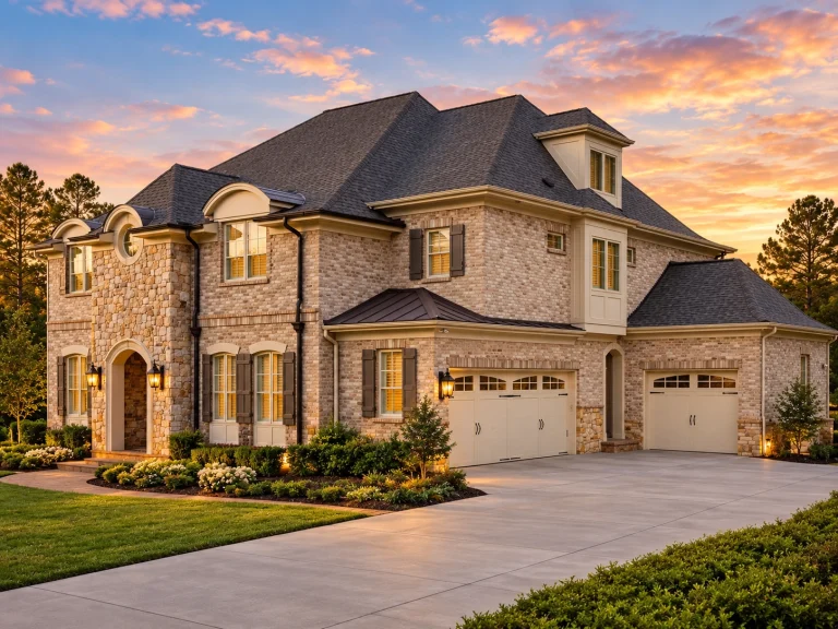 Front exterior view of a French Provincial style home featuring stone masonry, steep rooflines, arched windows, and classic European architectural details