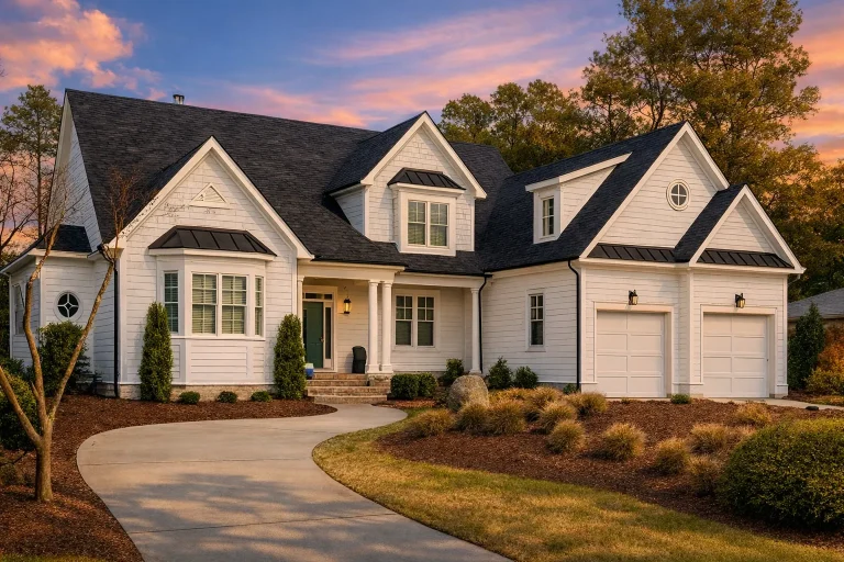 Front elevation of a Modern Farmhouse home with white horizontal siding, shake gables, black windows, and a two-car garage