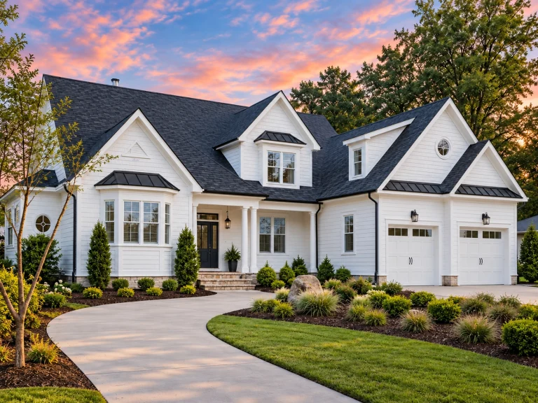 Modern Suburban House Plans 16 Front elevation of a Modern Farmhouse home with white horizontal siding, shake gables, black windows, and a two-car garage