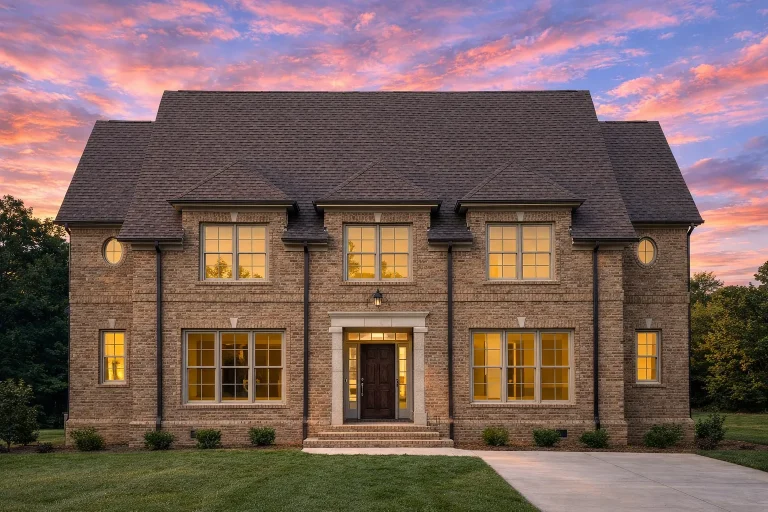 Front elevation of a Traditional Colonial style brick home with symmetrical façade, multi-pane windows, central entry, and classic proportions