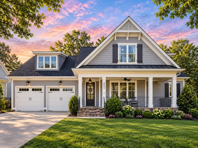 Modern Suburban House Plans 6 Front elevation of a New American modern farmhouse home with board and batten siding, gabled rooflines, covered porch, and front-entry garage