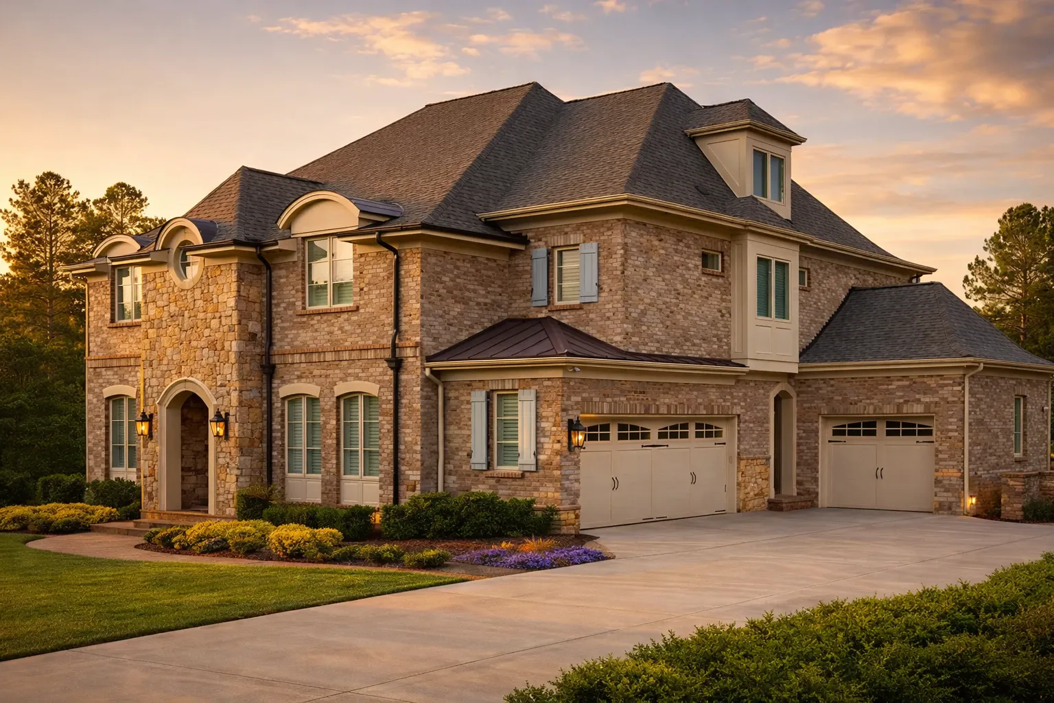 Front exterior view of a French Provincial style home featuring stone masonry, steep rooflines, arched windows, and classic European architectural details