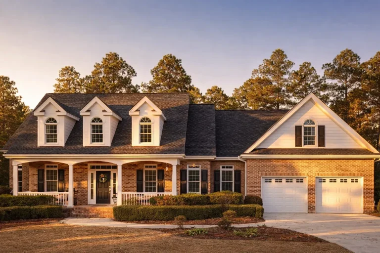 Transitional House Plans 6 Front elevation of Colonial Revival style brick home with dormers, shutters, and side-entry two-car garage