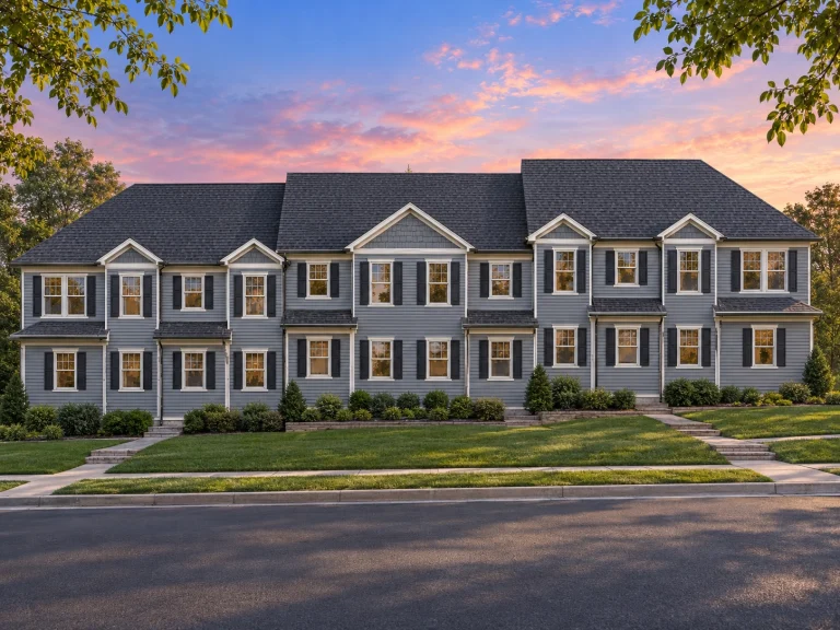 Front view of Colonial Traditional style townhome with symmetrical windows, horizontal siding, and classic architectural detailing