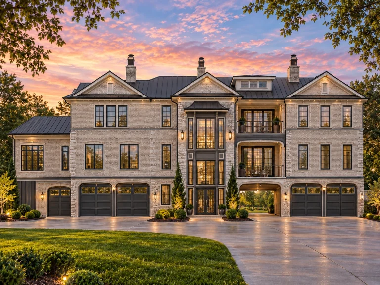 Front elevation of a Georgian Neoclassical style luxury home with painted brick exterior, symmetrical design, tall windows, and formal central entry
