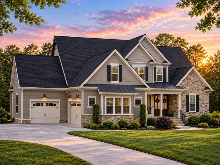 Conventional House Plans 18 Front elevation of a New American style farmhouse home with board-and-batten siding, stone accents, metal porch roof, and symmetrical gabled design