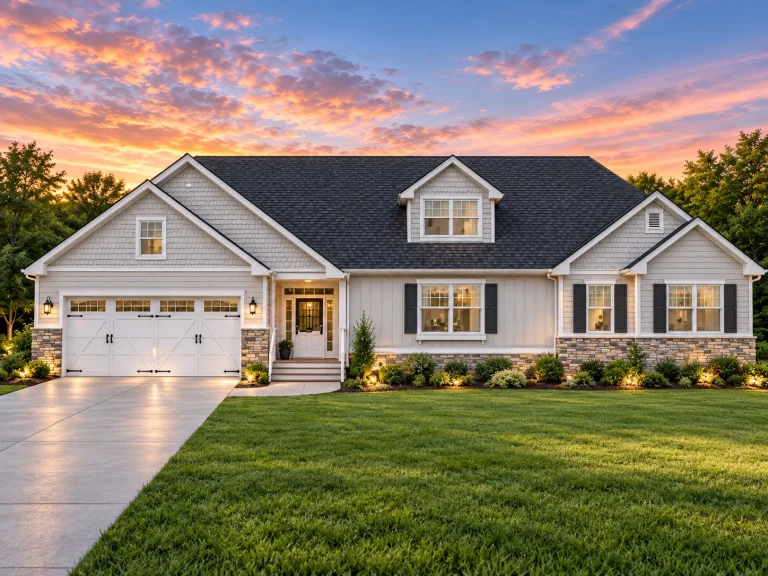 Conventional House Plans 5 Front elevation of a Coastal Farmhouse style home featuring board and batten siding, shingle accents, stone details, and an attached two-car garage