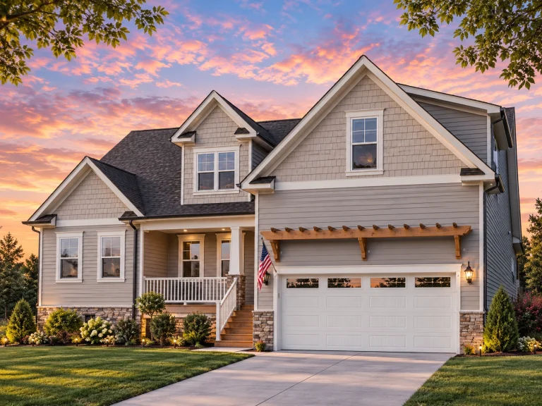 Mid-Size House Plans 8 Front view of a Modern Farmhouse with dark blue siding, white trim, board and batten accents, and a stone base foundation beneath a steep gable roof