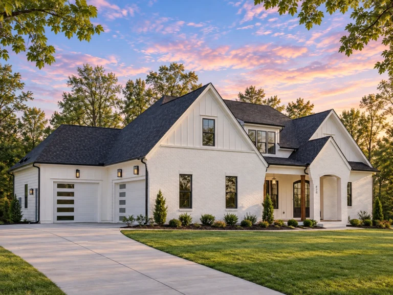 Simple House Plans 17 Front exterior view of a New American modern traditional house with painted brick walls, board and batten gables, steep rooflines, and side-entry garage
