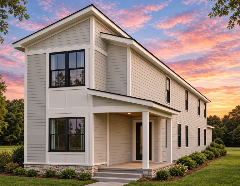 Front exterior of a transitional New American two-story house with horizontal lap siding, board-and-batten accents, and a stone foundation skirt