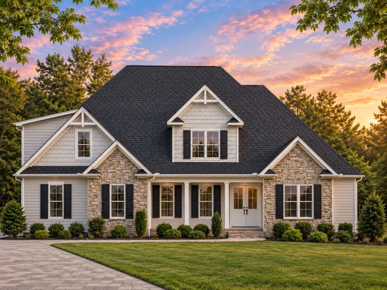 Front elevation of a Modern Farmhouse style home featuring board and batten siding, stone exterior accents, gabled rooflines, and a welcoming covered porch