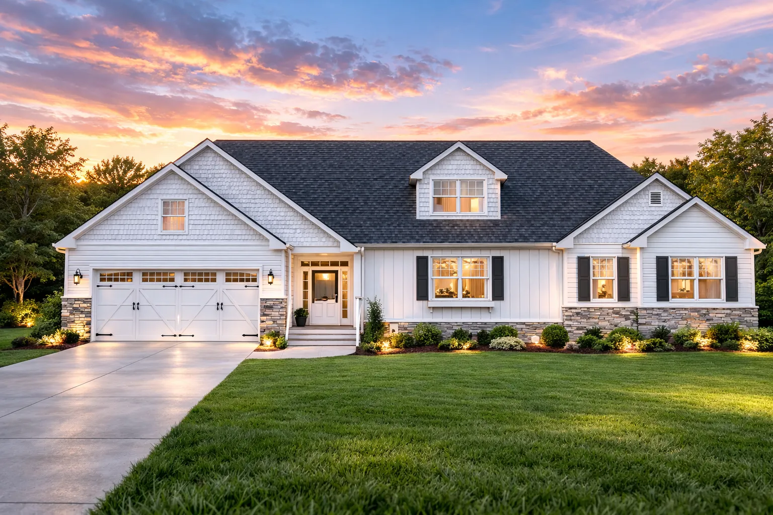 Front elevation of a Coastal Farmhouse style home featuring board and batten siding, shingle accents, stone details, and an attached two-car garage