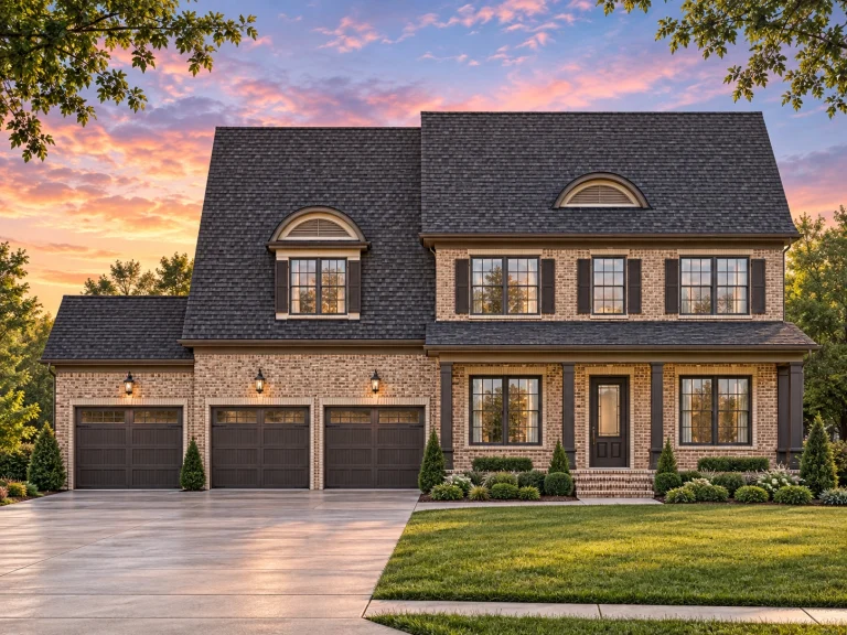 Front view of Colonial Traditional style house featuring horizontal siding, stone accents, and three-car garage with classic symmetry
