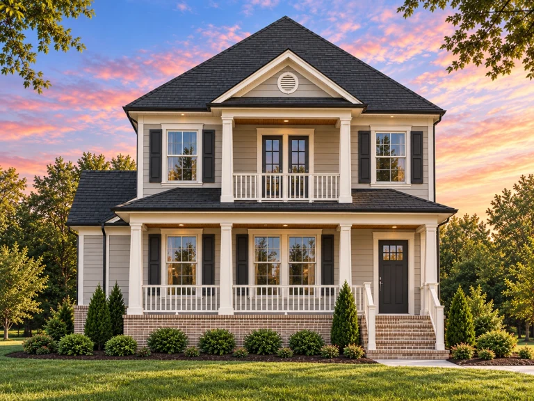 Front elevation of a Traditional Colonial house with lap siding, stone porch piers, white columns, black shutters, and an upstairs balcony