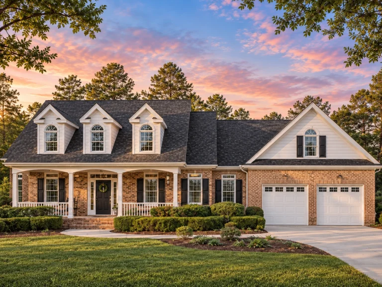 Front elevation of Colonial Revival style brick home with dormers, shutters, and side-entry two-car garage