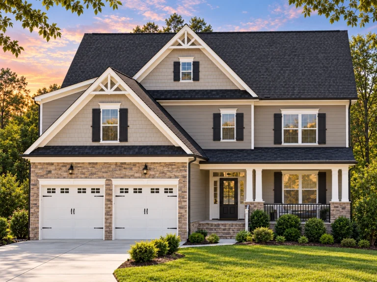 Front elevation of Traditional suburban home with brick veneer, lap siding, gabled roof, and two-car garage