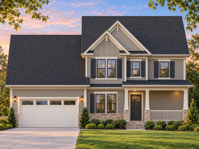 House Plans with Outdoor Kitchen 23 Front elevation of a Traditional Colonial style home featuring gray horizontal siding, black shutters, white trim, and a two-car garage