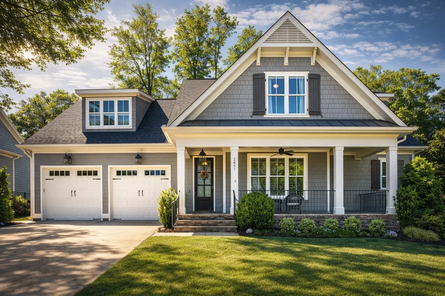 Front elevation of a New American modern farmhouse home with board and batten siding, gabled rooflines, covered porch, and front-entry garage