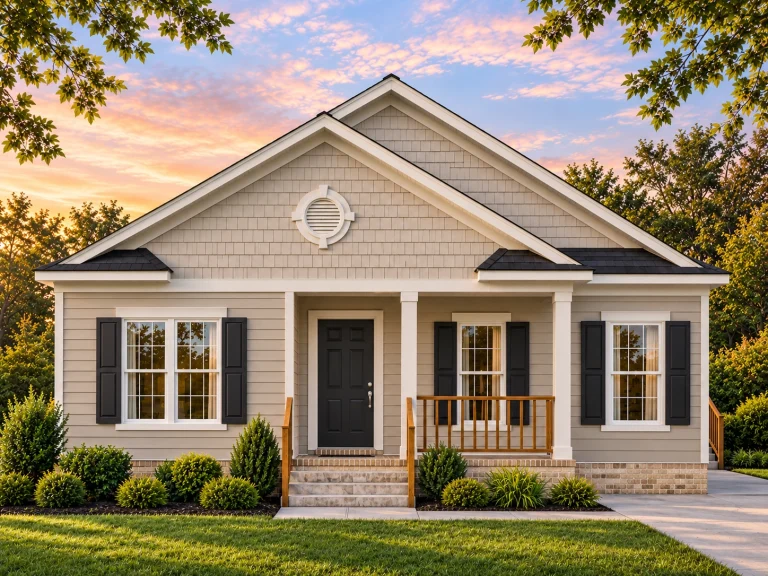 Front view of a Traditional Ranch style home with stone veneer, horizontal lap siding, black shutters, and a covered porch entry under symmetrical front gables