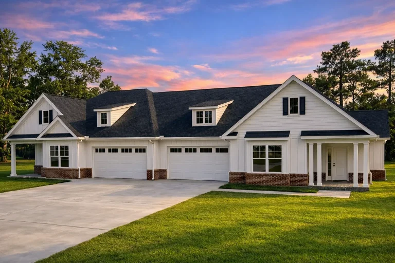 Front elevation of a New American Craftsman style ranch home with stone accents, horizontal siding, gabled rooflines, and attached garage
