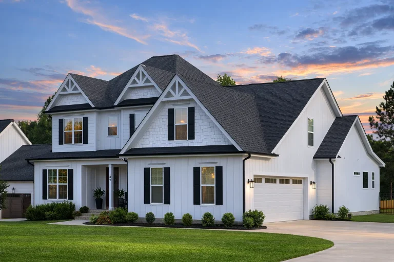 Front elevation of a New American style two-story house with Craftsman trim, Colonial symmetry, board-and-batten siding, stone accents, and covered front porch