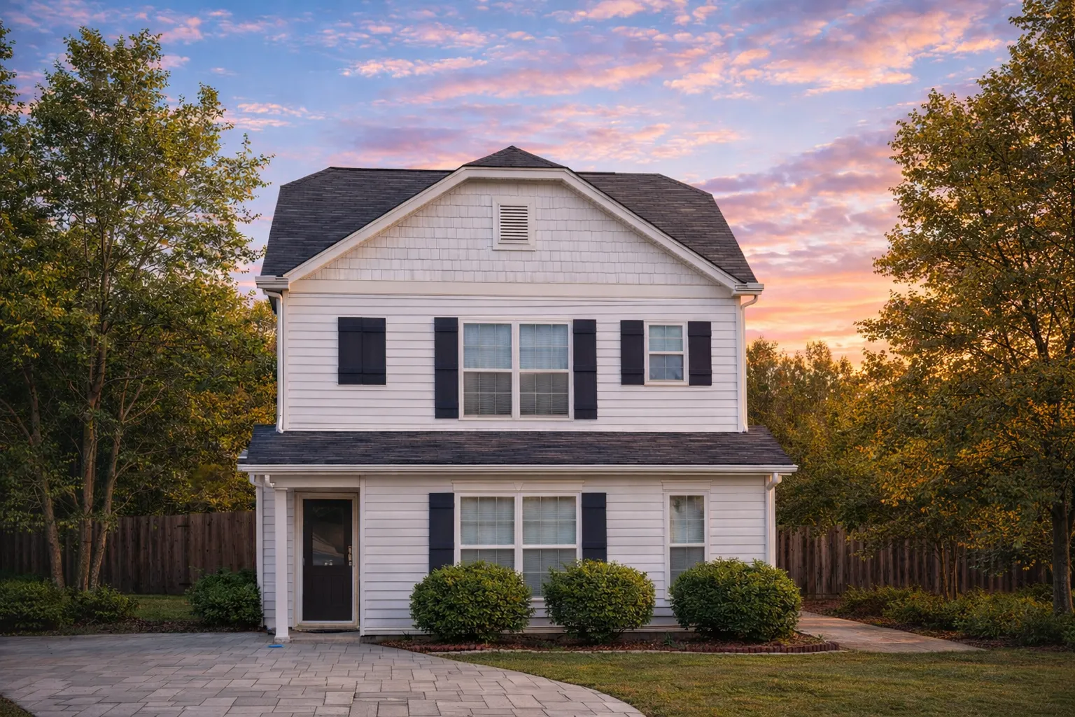 Front elevation of a Traditional Colonial Suburban style home featuring gray horizontal siding, red shutters, symmetrical windows, and classic covered porch entry
