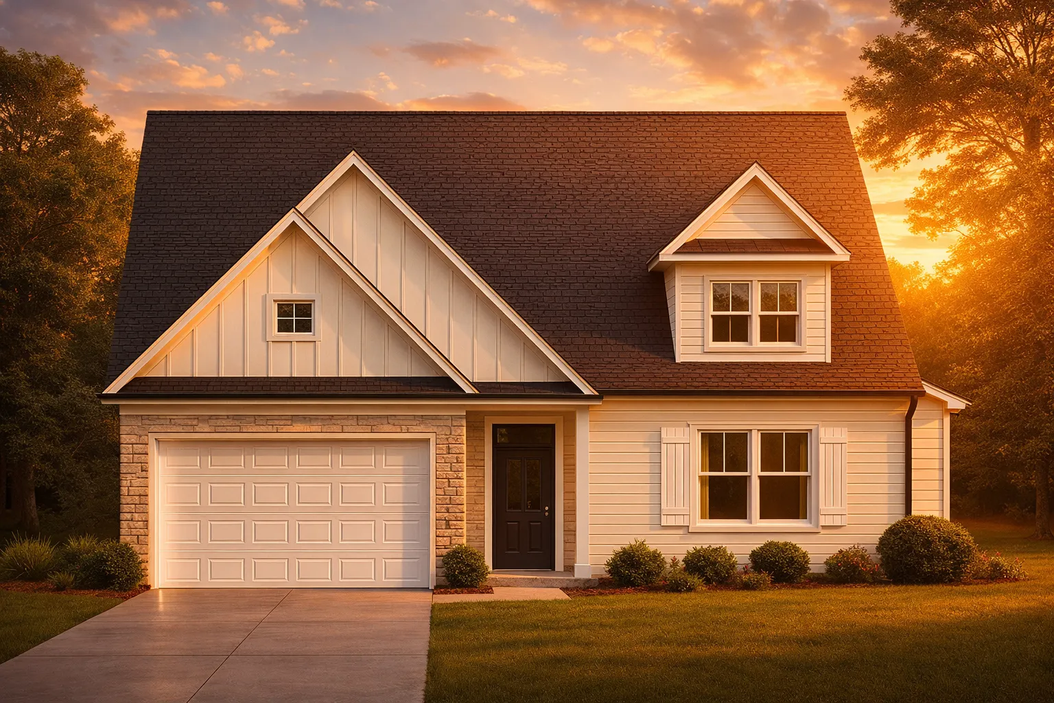Front elevation of a modern farmhouse style home with board and batten siding, stone accents, gabled rooflines, and an attached garage