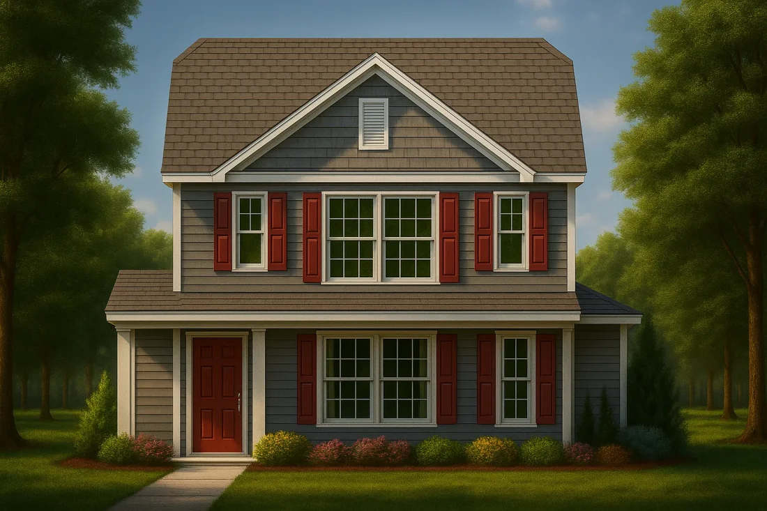 Front elevation of a Traditional Colonial Suburban style home featuring gray horizontal siding, red shutters, symmetrical windows, and classic covered porch entry