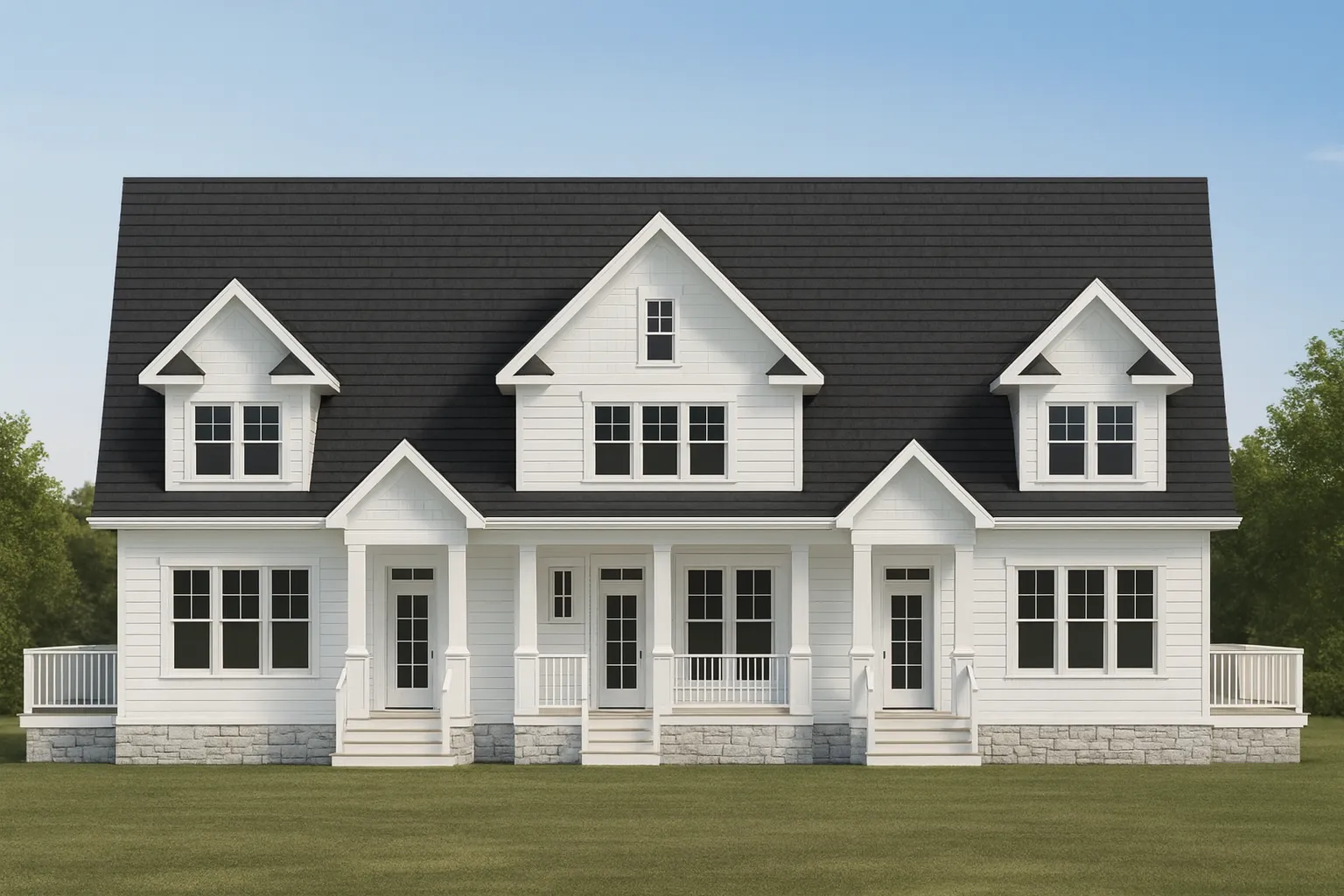 Front elevation of a New American and Traditional Colonial style home with horizontal siding, symmetrical gables, and covered front porch