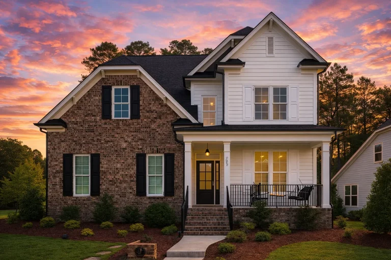 Front elevation of a New American style home featuring brick exterior, Craftsman detailing, gabled rooflines, and a covered front porch