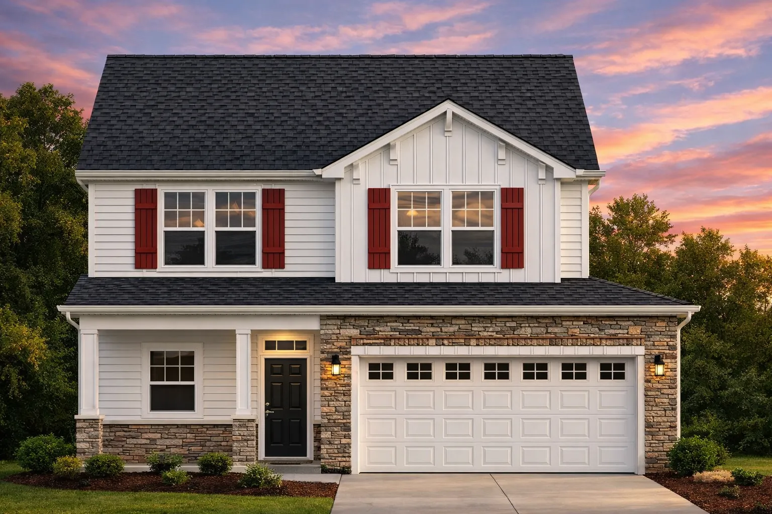 Front elevation of a New American modern traditional home with lap siding, board and batten gable, stone veneer, and 2-car garage
