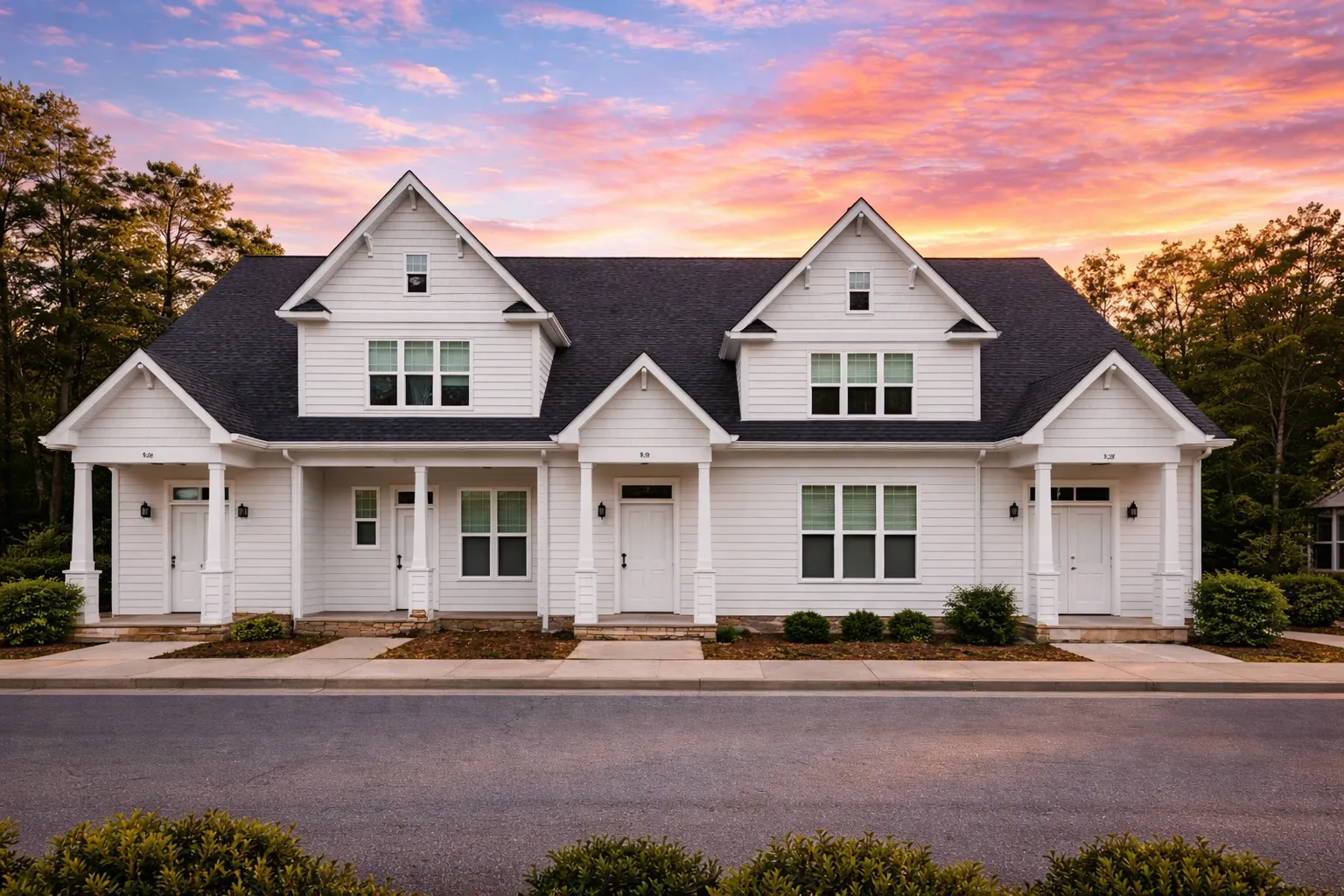 Front elevation of a New American and Traditional Colonial style home with horizontal siding, symmetrical gables, and covered front porch