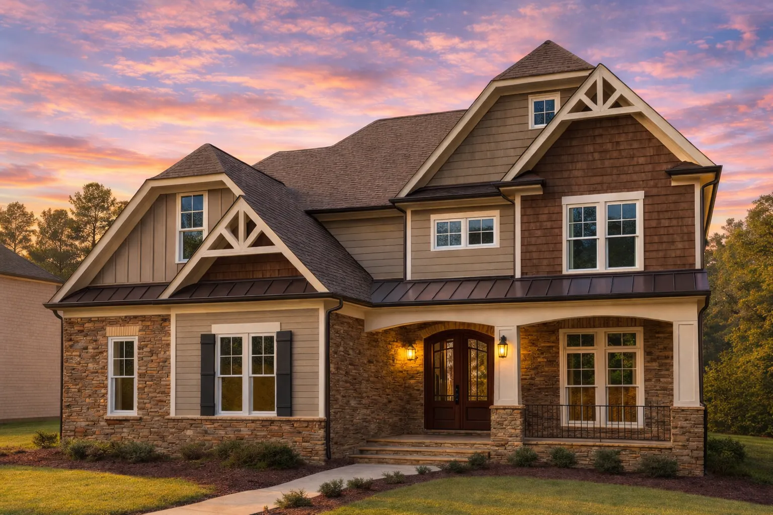 Front exterior of a New American Craftsman style home with board and batten siding, brick accents, decorative gables, and covered front porch