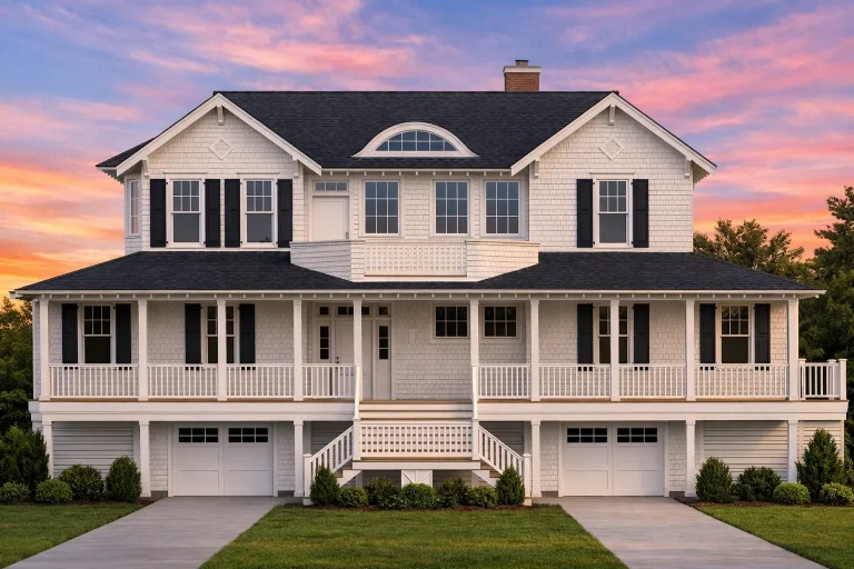House Plans with Basement Garage 4 Front elevation of a Coastal Low Country Farmhouse featuring wide wraparound porch, horizontal siding, stone base, and metal roof for timeless Southern charm