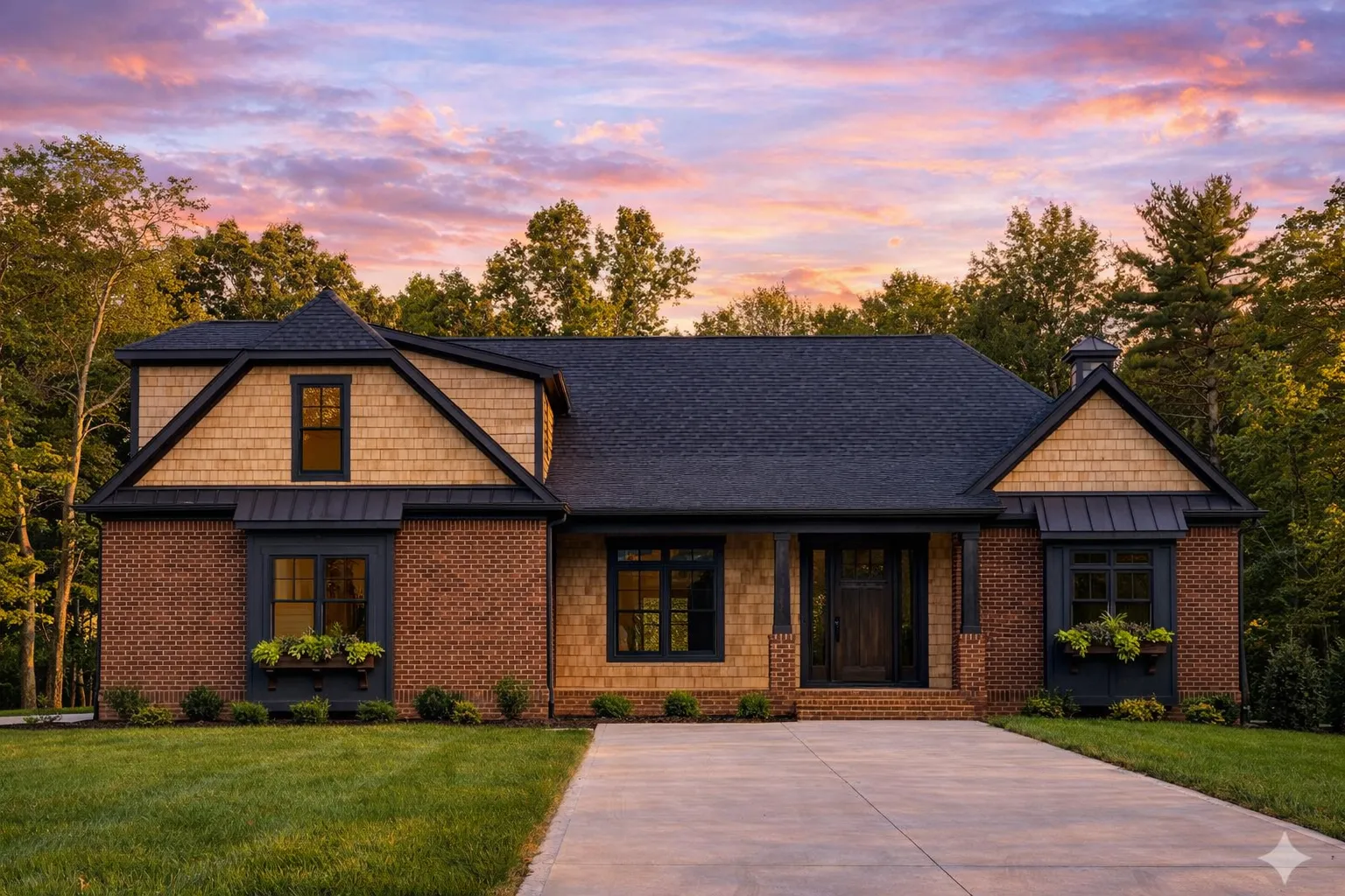 Front view of Craftsman Cottage style house with brick exterior, shake siding, and welcoming covered porch entry