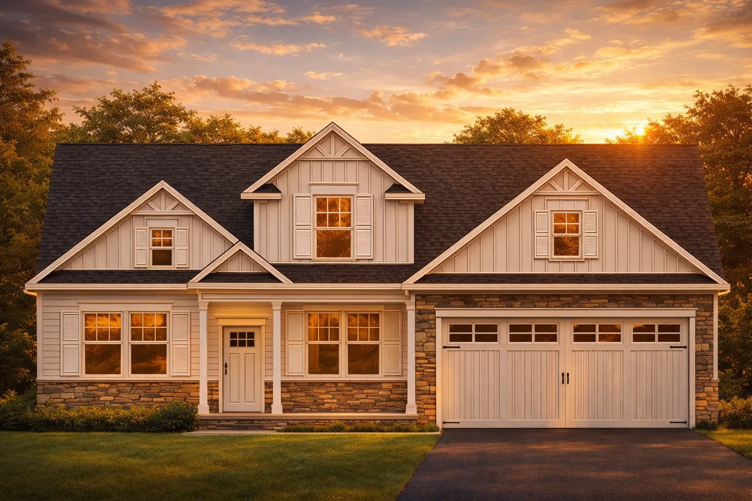 Front elevation of a New American Modern Traditional house with Cape Cod detailing, horizontal siding, shingle accents, and attached two-car garage