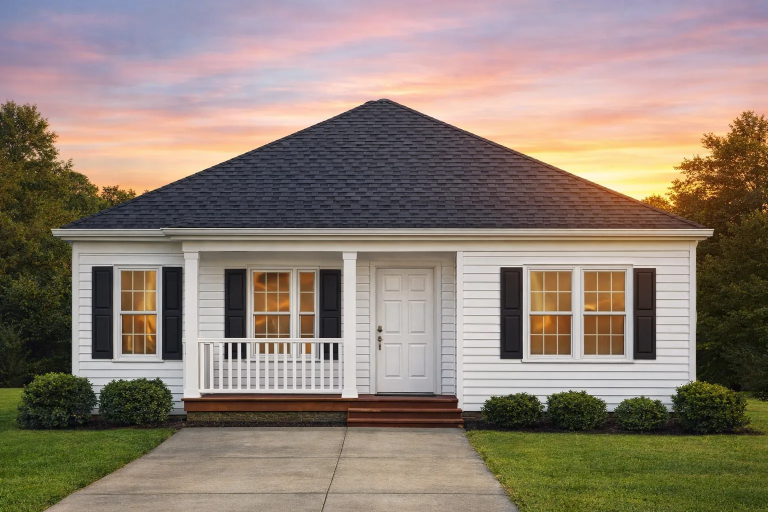 Front elevation of a Traditional Cottage style home featuring horizontal siding, shingle gable accent, black shutters, and a welcoming covered porch