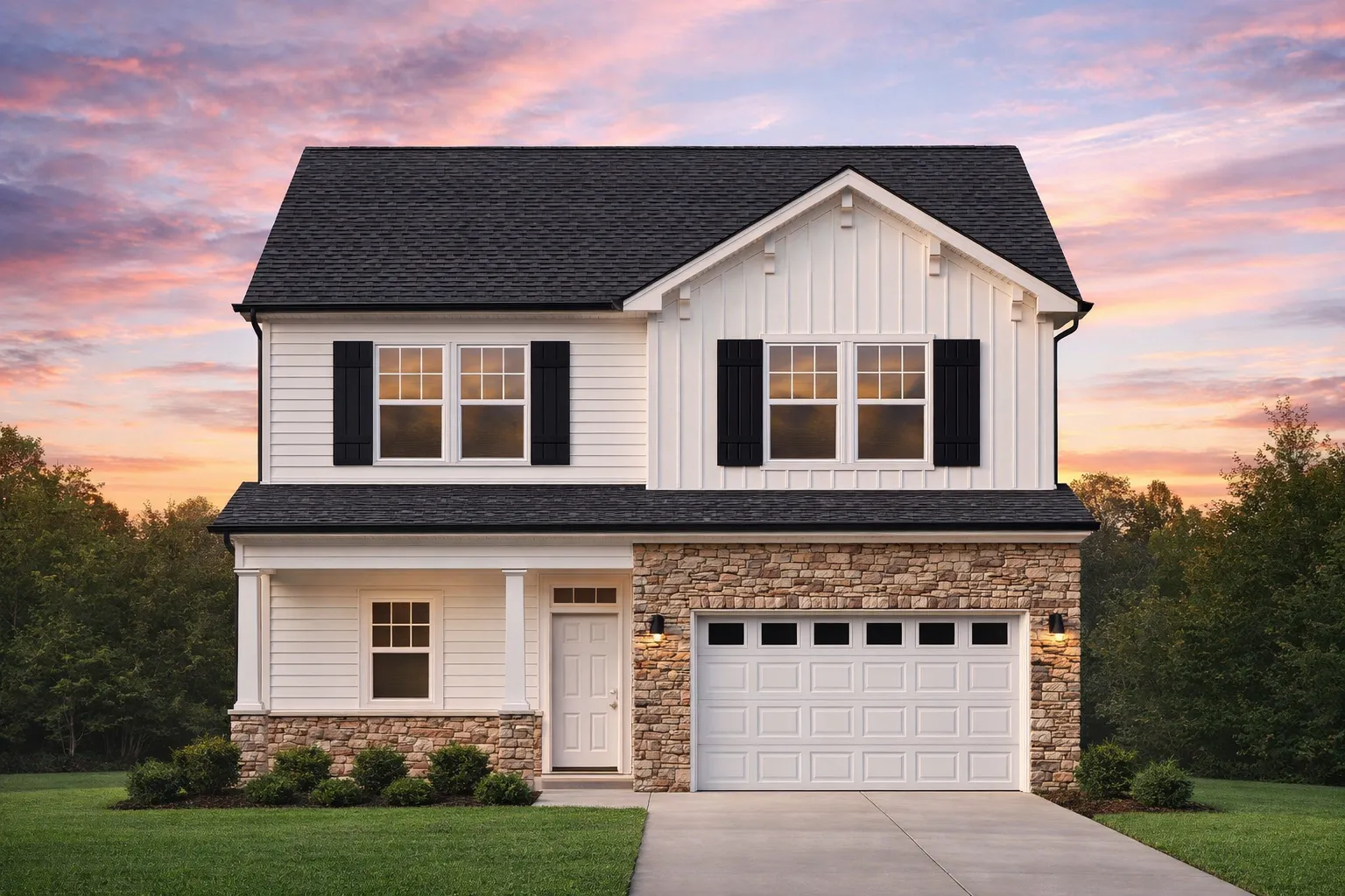 Front elevation of a New American modern traditional home with lap siding, board and batten gable, stone veneer, and 2-car garage
