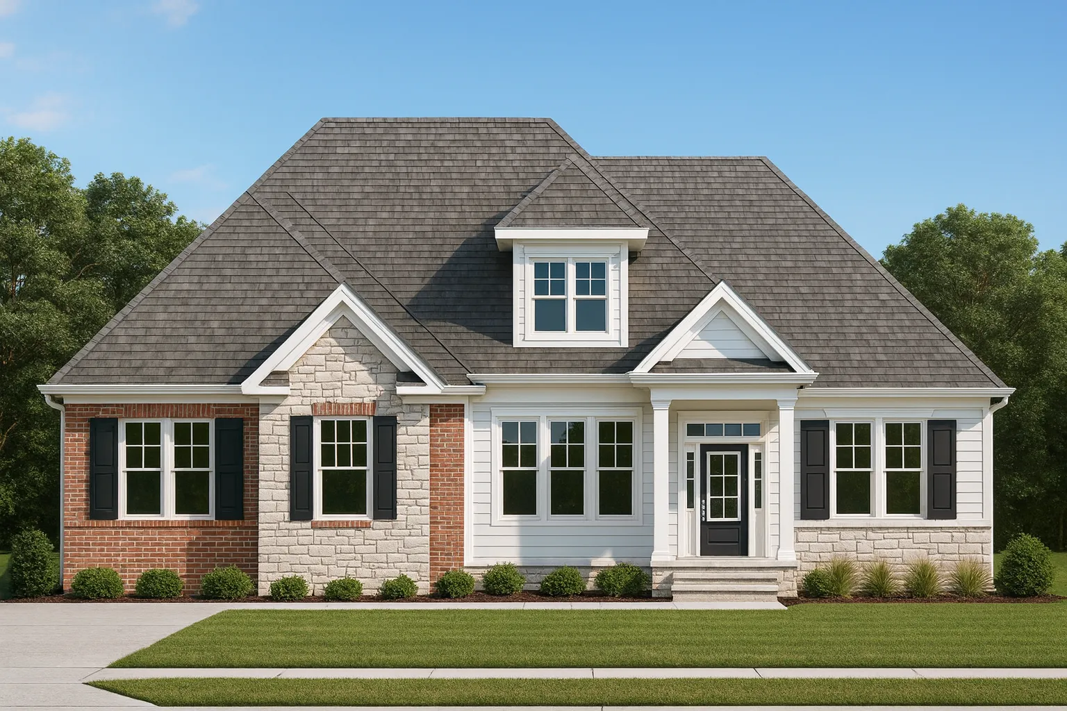 Front elevation of a Modern Farmhouse Ranch style home featuring board and batten siding, horizontal lap siding, stone accents, dark shutters, and a welcoming covered entry