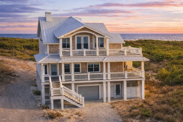 Elevated coastal beach house with shingle siding, wraparound porches, metal roof, and under-home garage designed for a narrow coastal lot