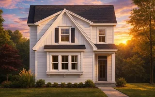 Front view of a Craftsman Cottage style home featuring board and batten siding, gable rooflines, and charming trim details