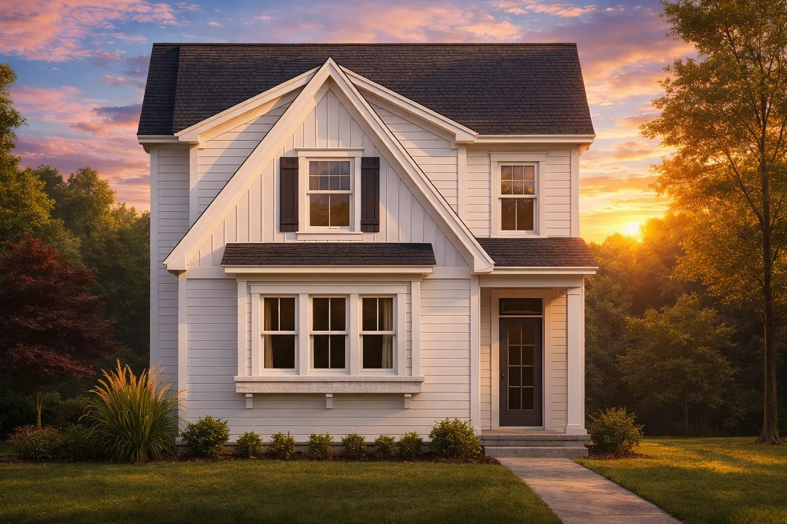 Front view of a Craftsman Cottage style home featuring board and batten siding, gable rooflines, and charming trim details