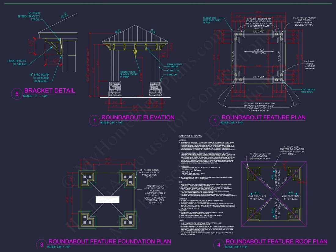 Pavilion CAD Blueprint Plan with Architectural Elevation and Structural Designs