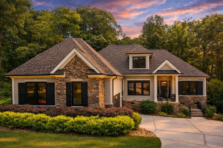 Front elevation of a Modern Farmhouse Ranch style home featuring board and batten siding, horizontal lap siding, stone accents, dark shutters, and a welcoming covered entry