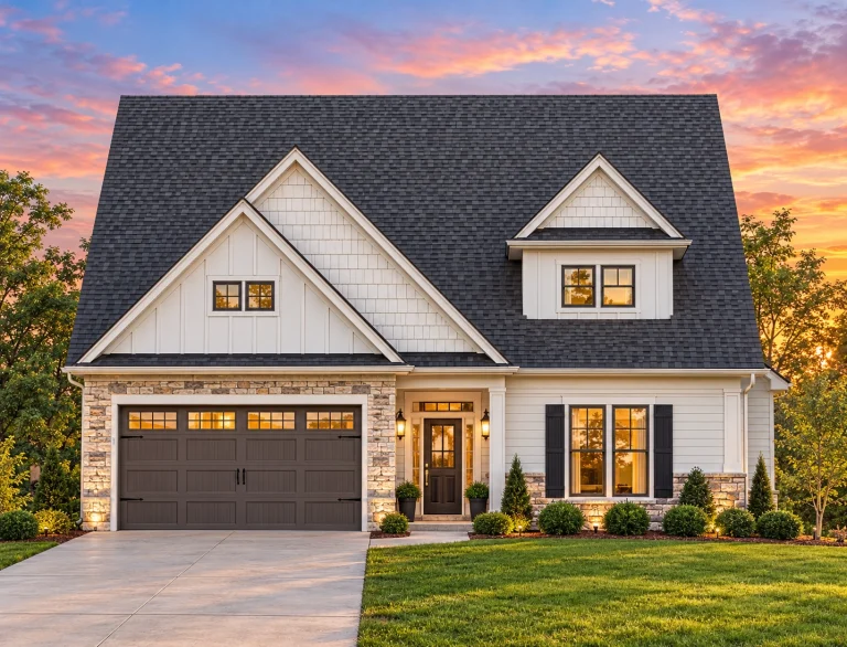Front elevation of a modern farmhouse style home with board and batten siding, stone accents, gabled rooflines, and an attached garage